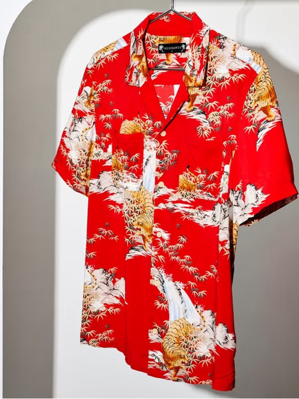 All Saints Indo Red Tiger Print Short-Sleeve Camp Shirt (M)